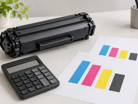 Cartucho de tóner, calculadora y hojas con muestras de color.