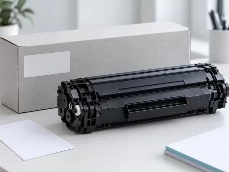 Cartucho de tóner negro junto a una caja sin marca.