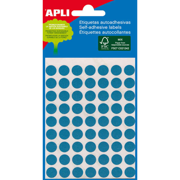 Apli Minibolsa de 288 Etiquetas Redondas Ø 8mm - 3 Hojas por 96 Etiquetas - Adhesivo Permanente - Color Azul