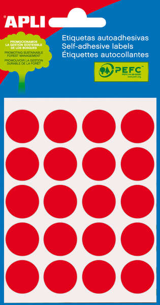 Apli Minibolsa de 100 Etiquetas Redondas Ø 19mm - 5 Hojas por 20 Etiquetas - Adhesivo Permanente - Aptas para Escritura con Lapiz, Boligrafo y Rotulador - Color Rojo