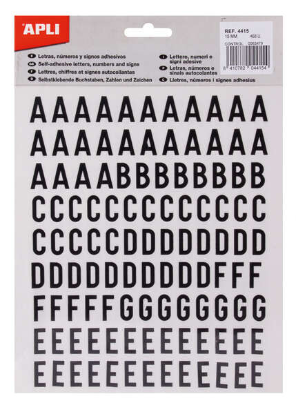 Apli Letras Adhesivas de Palo Mayusculas - Altura 15mm - Pack de 4 Hojas con 468 Letras - Color Negro