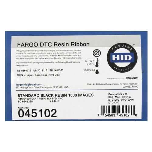 Fargo HID DTC1000 DTC1250 Cinta de Transferencia Termica Original Negro 1.000p + Rodillo de Limpieza - 045102 Fargo HID DTC1000 DTC1250 Cinta de Transferencia Termica Original Negro 1.000p + Rodillo de Limpieza - 045102