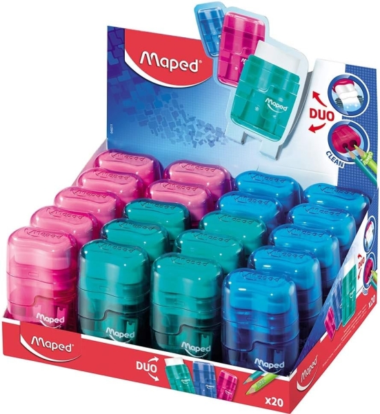Maped Connect Duo Afilaborra de 2 Orificios con Goma de Borrar - Deposito de Gran Capacidad - Forma Ergonomica - Cuerpo Translucido de Colores Surtidos
