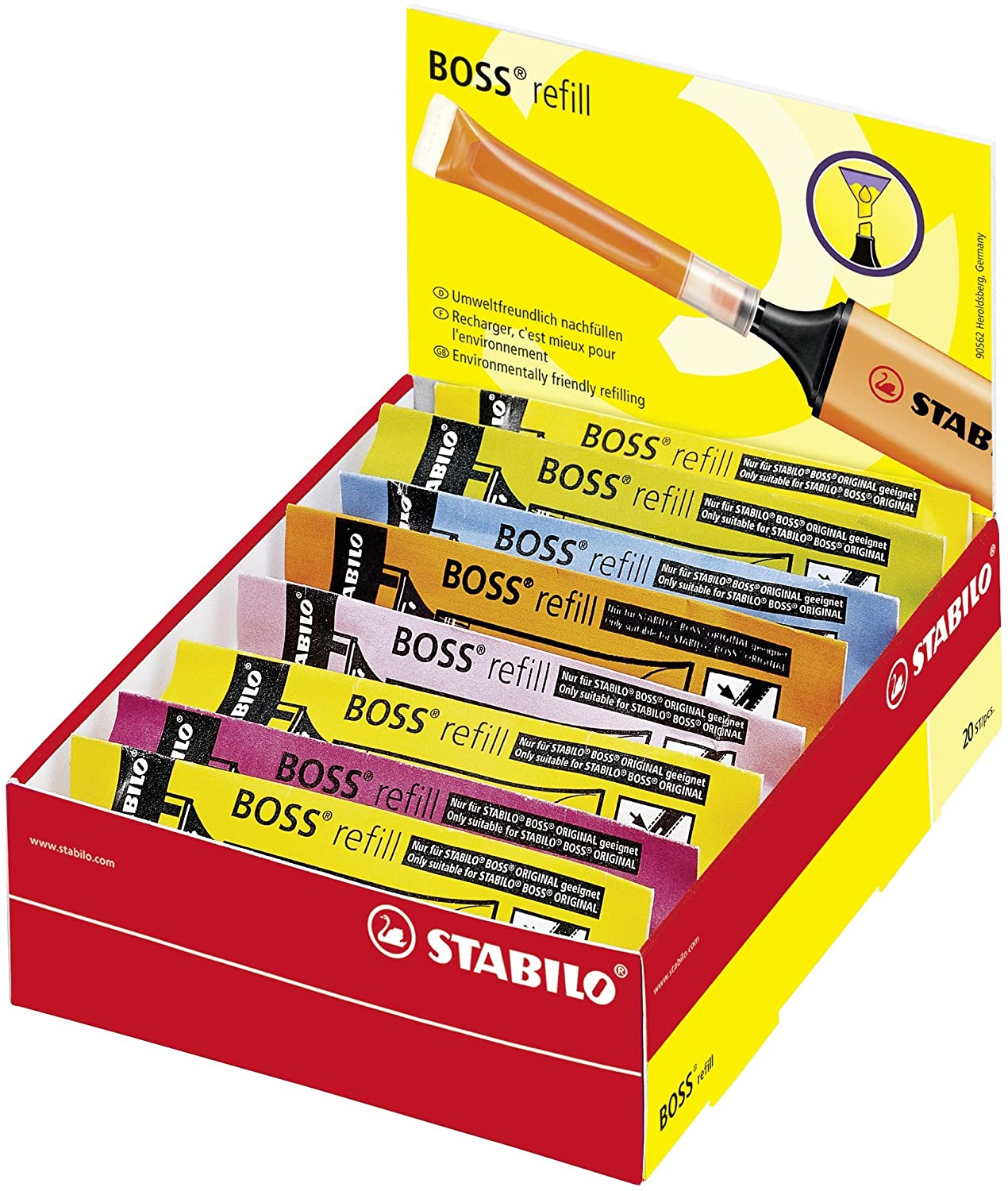 Stabilo Boss 70 Pack de 20 Recargas de 3ml para Marcador Fluorescente - Tinta con Base de Agua - Colores Surtidos