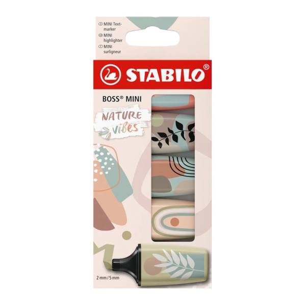 Stabilo Boss Mini Naturevibes Pack de 5 Marcadores Fluorescentes - Trazo entre 2 y 5mm - Tinta con Base de Agua - Antisecado - Colores Verde Barro, Verde Tierra, Siena, Beige y Gris Calido