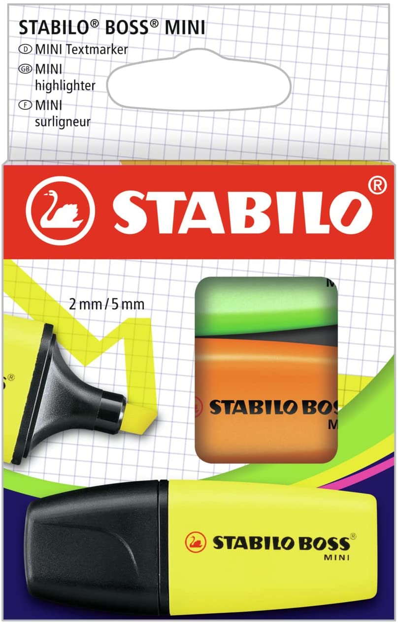Stabilo Boss Mini Pack de 3 Marcadores Fluorescentes - Trazo entre 2 y 5mm - Tinta con Base de Agua - Antisecado - Colores Surtidos