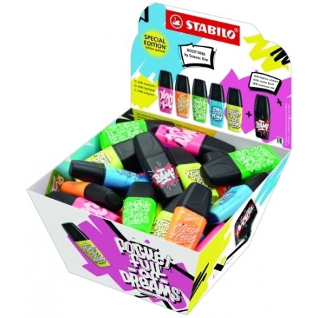 Stabilo Boss Mini by Snooze One Expositor con 50 Mini Marcadores Fluorescentes - Trazo entre 2 y 5mm - Tinta con Base de Agua - Antisecado - Colores Surtidos