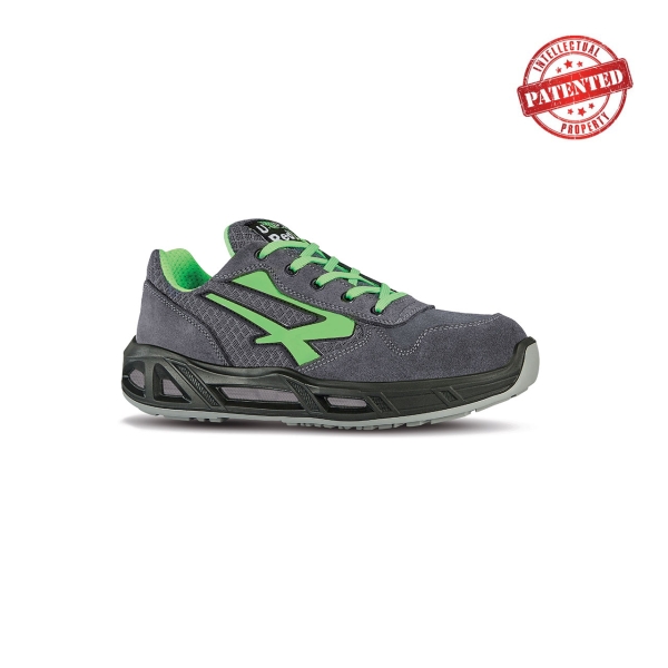 Upower Point Carpet S ESD Calzado de Seguridad Bajos - Talla 44 - Parte Superior de Nailon Ultraflexible y Gamuza Suave, Puntera de Aluminio, Antiarrugas, Antideslizante, Proteccion S1PS FO SR - Color Gris/Verde