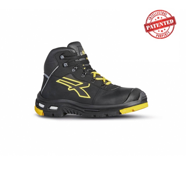 Upower Cosmo S Calzado Altos de Seguridad - Talla 44 - Piel Pull-Up Suave, Hidrofugos, Puntera Aluminio AirToe, Suela PU/Vibram, Costuras Kevlar, Proteccion S3S CI HI HRO FO SR - Color Negro/Amarlllo