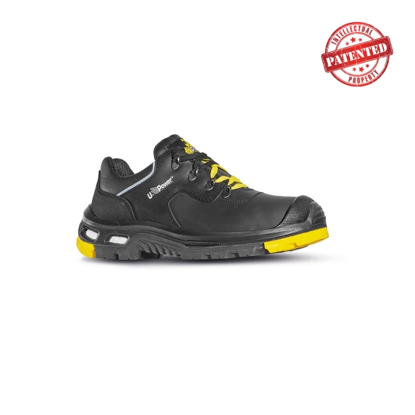 Upower Yarvis S Calzado de Seguridad Laboral - Talla 42 - Piel Pull-Up Suave, Hidrofugo, Suela PU/Vibram Antideslizante, Sistema Antiperforacion, Puntera AirToe, Plantilla WOW Transpirable - Color Negro/Amarillo