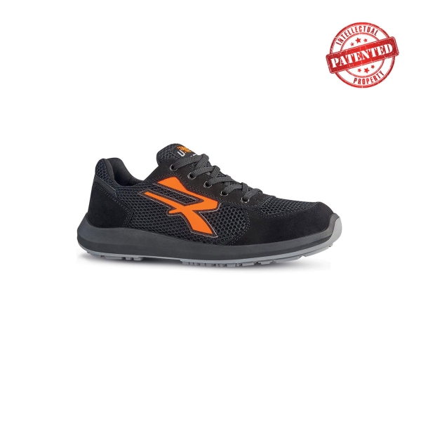 Upower Atos S ESD Calzado de Seguridad Bajos - Talla 44 - Puntera de Aluminio, Suela Antideslizante, Nailon Ultraflexible, Gamuza Suave, Proteccion S1PS FO SR - Color Negro/Naranja