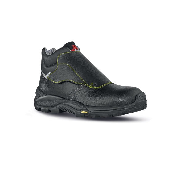Upower Bulls L Calzado de Seguridad Altos - Talla 41 - Empeine Piel Grana Mina Hidrofugo, Puntal Composite, Hoja Acero Ergonomico, Antiperforacion, Antideslizante, Suela PU/VIBRAM, Proteccion S3 HI HRO FO SR - Color Negro
