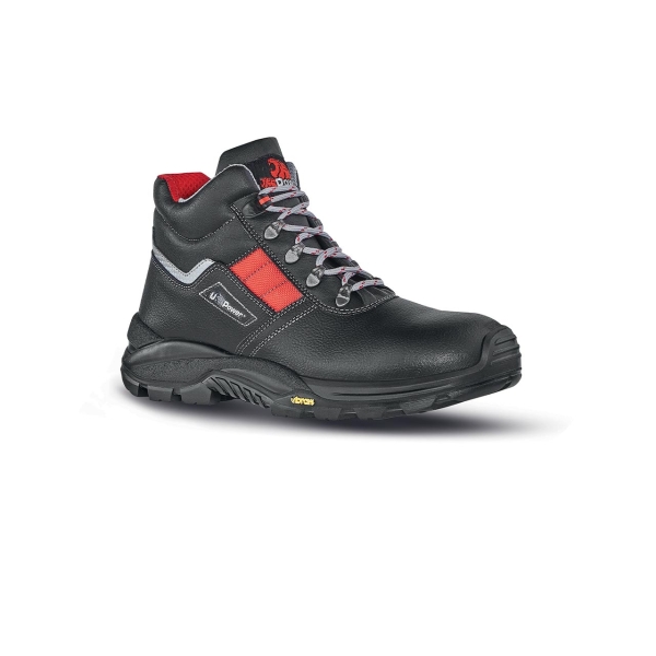 Upower Gravel S RS Calzado de Seguridad Botines - Talla 45 - Empeine Piel Flor Grana Mina, Hidrofugos, Puntal Composite, Antiperforacion, Suela Antideslizante PU/VIBRAM, Proteccion S3S CI HI HRO FO SR - Color Negro