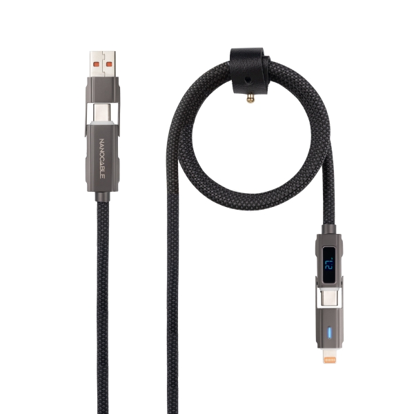 Nanocable Cable USB-C 4 en 1 - Soporta hasta 27W - Longitud 1m - Adaptador USB-A y Lightning Integrado - Pantalla Digital - Algodon Trenzado - Color Negro Nanocable Cable USB-C 4 en 1 - Soporta hasta 27W - Longitud 1m - Adaptador USB-A y Lightning Integrado - Pantalla Digital - Algodon Trenzado - Color Negro