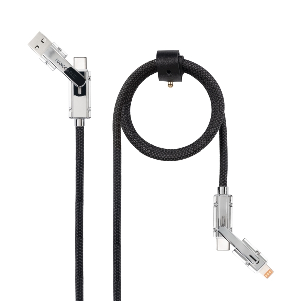 Nanocable Cable USB-C 4 en 1 - Soporta hasta 27W - Longitud 1m - Adaptador USB-A y Lightning Integrado - Indicador LED - Algodon Trenzado - Color Negro Nanocable Cable USB-C 4 en 1 - Soporta hasta 27W - Longitud 1m - Adaptador USB-A y Lightning Integrado - Indicador LED - Algodon Trenzado - Color Negro