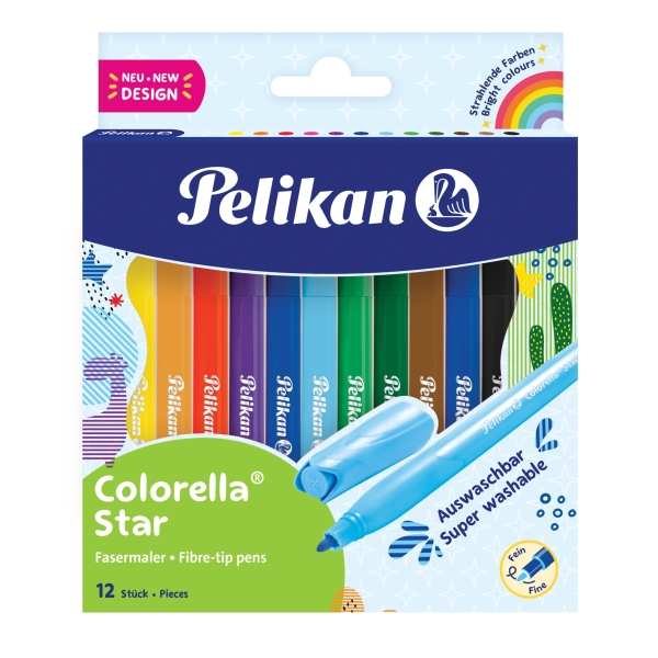 Pelikan Colorella Star Pack de 12 Rotuladores de Colores - Punta Fina - Tinta Lavable - Agarre Ergonomico - Colores vivos Surtidos