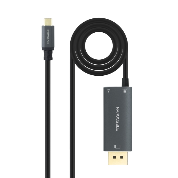 Nanocable Cable Adaptador USB-C a Displayport 1.4 - Longitud 1.8m - Resolucion 8K - Carcasa Metalica de Aluminio - Power Delivery 100W - Color Gris Oscuro Nanocable Cable Adaptador USB-C a Displayport 1.4 - Longitud 1.8m - Resolucion 8K - Carcasa Metalica de Aluminio - Power Delivery 100W - Color Gris Oscuro