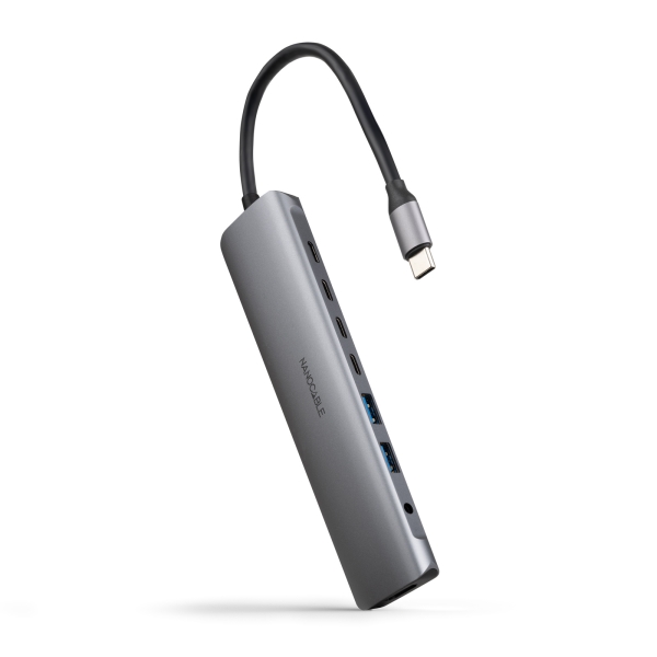 Nanocable HUB USB-C 8 en 1 - Conversor USB-C 3.1 a 2 x USB-A 3.0 + 3 x USB-C 3.0 + USB-C PD 100W + HDMI 4K@60Hz + Audio Jack 3.5 - Aluminio - 18cm - Color Gris Nanocable HUB USB-C 8 en 1 - Conversor USB-C 3.1 a 2 x USB-A 3.0 + 3 x USB-C 3.0 + USB-C PD 100W + HDMI 4K@60Hz + Audio Jack 3.5 - Aluminio - 18cm - Color Gris