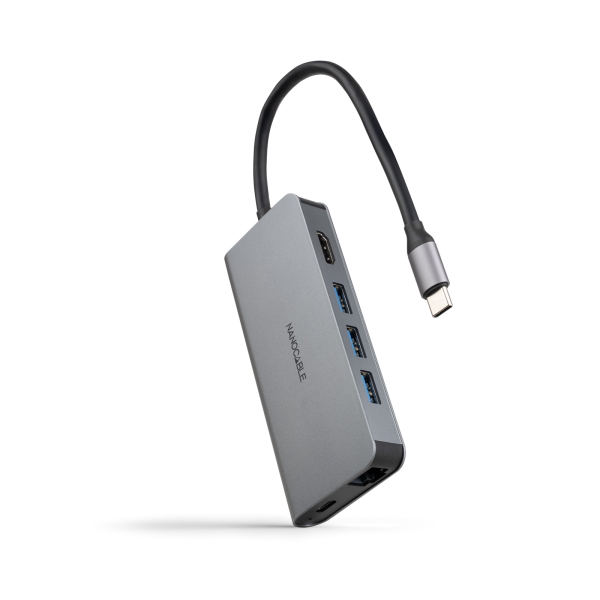 Nanocable HUB USB-C 8 en 1 - Conversor USB-C 3.1 a 3 x USB-A 3.0 + USB-C PD 100W + HDMI 4K@60Hz + RJ45 + TF + SD - Aluminio - 18cm - Color Gris