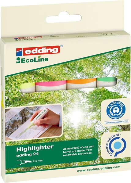 Edding 24 EcoLine Pack de 4 Marcadores Fluorescentes - Punta Biselada - Trazo entre 2-5mm - 90% de Plastico Reciclado - Etiqueta Ecologica Blue Angel - Colores Surtidos