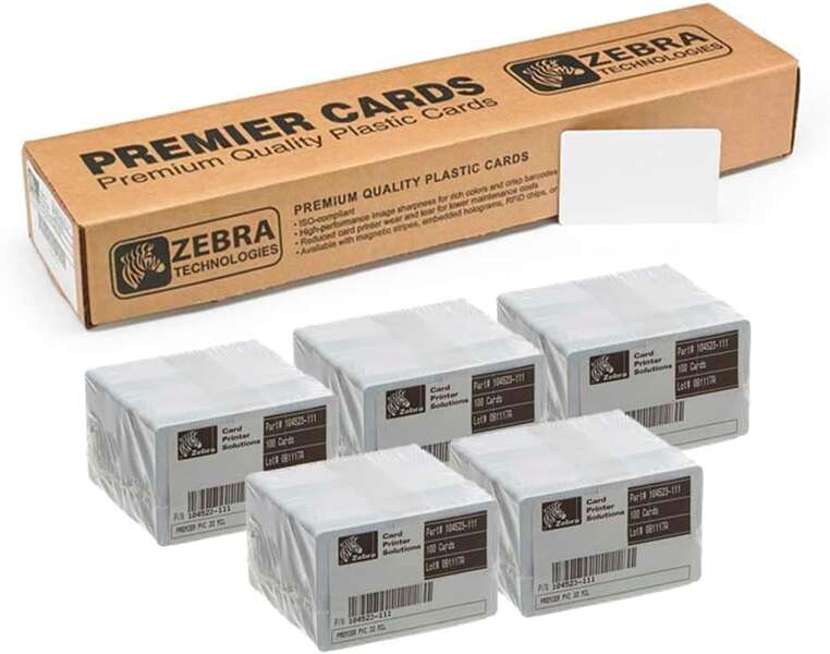 Zebra Pack de 500 Tarjetas de PVC Originales Imprimibles Blancas - Formato CR-80 86x54mm - 104523-111 Zebra Pack de 500 Tarjetas de PVC Originales Imprimibles Blancas - Formato CR-80 86x54mm - 104523-111