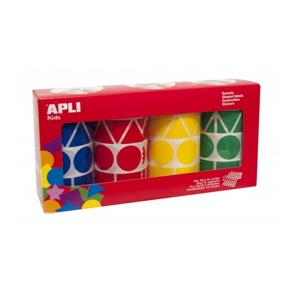 Apli Pack con 4 Rollos de Gomets Geometricos XL - 1357 Gomets por Rollo - Adhesivo Permanente - 5.428 Gomets en Total - Ideales para Escuelas Infantiles - Colores Azul, Rojo, Amarillo y Verde