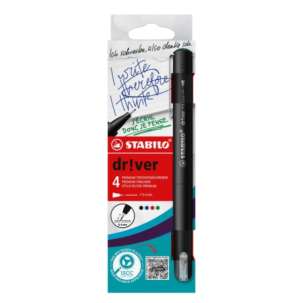 Stabilo Dr!ver Pack de 4 Rotuladores de Punta Fina 0.4mm - Tinta a Prueba de Manchas, Inodora y con Base al Agua - Fabricado con 94% de Bioplastico - Colores Surtidos