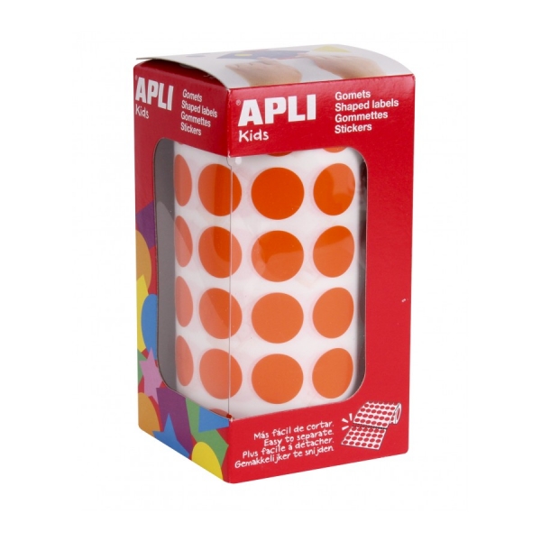 Apli Rollo de 2.832 Gomets Redondos Ø 15mm - Adhesivo Permanente Base Agua - Libre de Disolventes - Color Naranja
