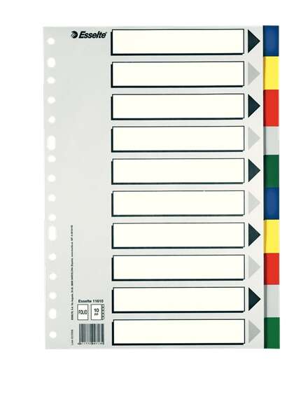 Esselte 713 Bolsa de 10 Separadores de Plastico - 10 Pestañas / 5 Colores - Multitaladro - Formato Folio