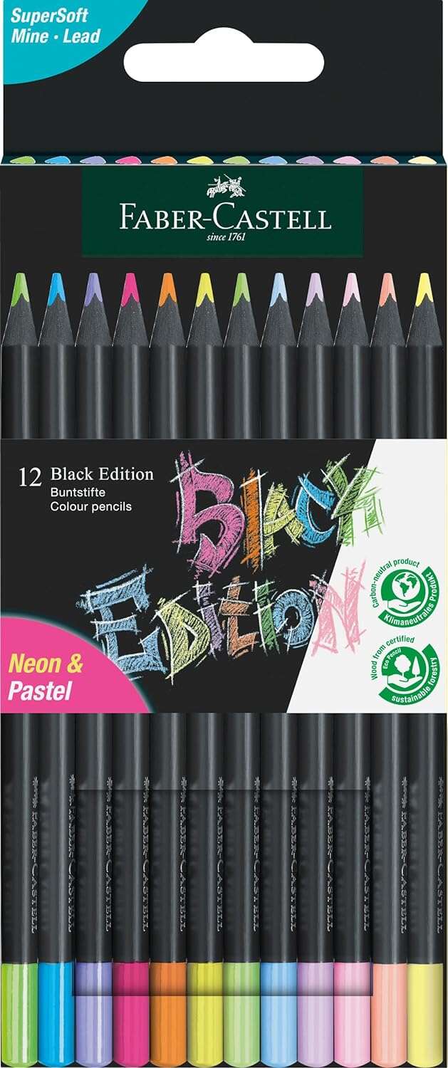 Faber-Castell Black Edition Pack de 12 Lapices de Colores Neon+Pastel - Mina Supersuave - Madera Negra - Ideales para Dibujo sobre Papel Claro, Oscuro y de Colores - Colores Surtidos