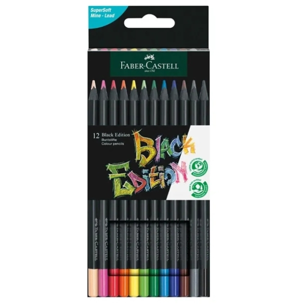 Faber-Castell Black Edition Pack de 12 Lapices de Colores - Mina Supersuave - Madera Negra - Ideales para Dibujo sobre Papel Claro, Oscuro y de Colores - Colores Surtidos
