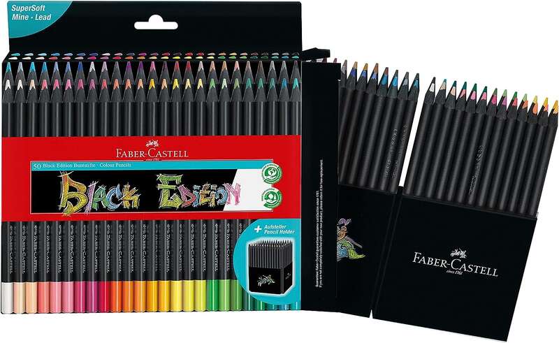 Faber-Castell Black Edition Pack de 50 Lapices de Colores - Mina Supersuave - Madera Negra - Ideales para Dibujo sobre Papel Claro, Oscuro y de Colores - Colores Surtidos