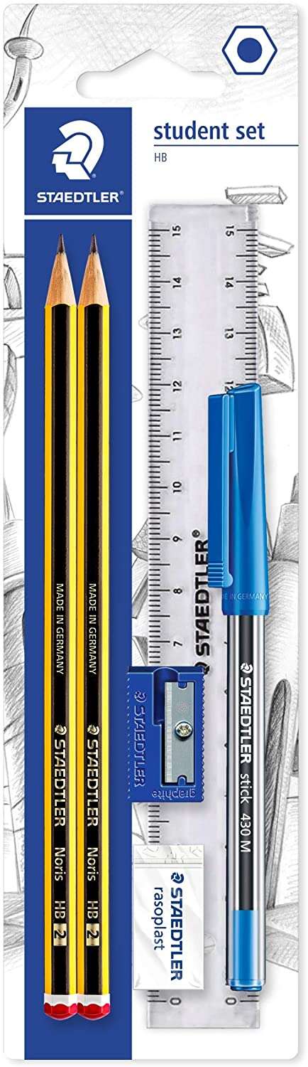 Staedtler Pack de 2 Lapices Noris de Grafito Hexagonales 2HB + 1 Boligrafo Stick 430 Azul + 1 Goma de Borrar + 1 Sacapuntas +1 Regla