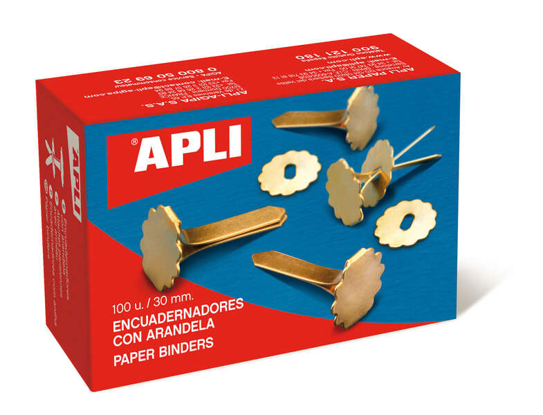 Apli Encuadernadores Metalicos con Arandela - 30mm - Incluyen Arandela para Embellecer y Evitar Rozaduras - Caja de 100 Unidades