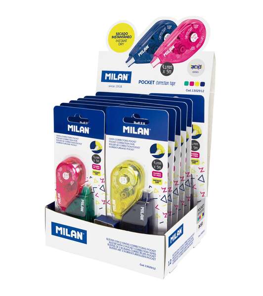 Milan Pocket Acid Expositor de 24 Cintas Correctoras en Blisters de 2uds. 4,2mm x 5m - Correcion en Seco - Rapida, Limpia y Precisa - Para todo Tipo de Papel - Colores Surtidos