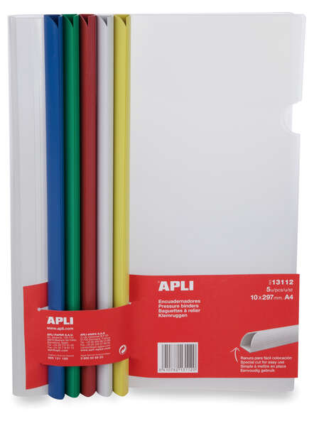 Apli Pack de 5 Encuadernadores Deslizantes 10x297mm - Capacidad de 100 Hojas - Con Funda Transparente - Ranura para Facil Insercion de Hojas - Colores Surtidos