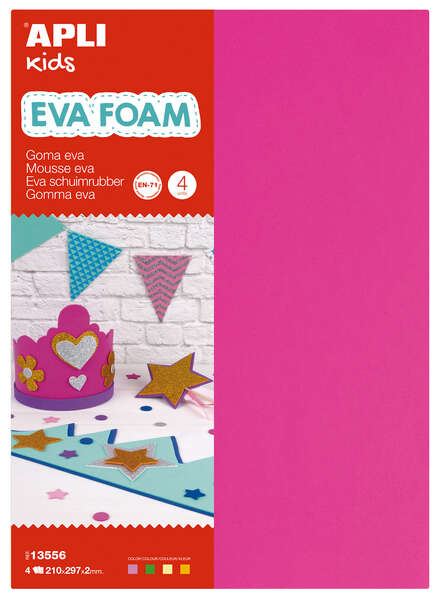 Apli Goma Eva Fluorescente - Medida A4 - 4 Hojas - Fucsia, Verde, Amarillo y Naranja
