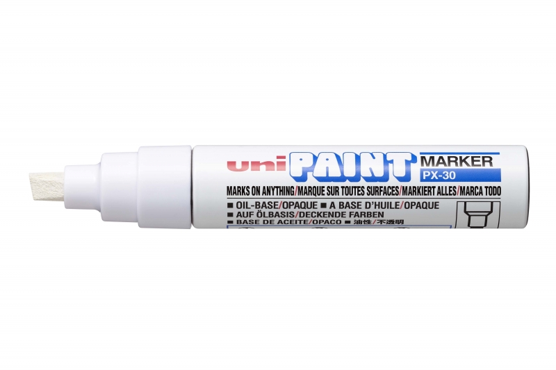 Uni-ball PX-30 Marcador de Pintura - Punta Biselada Acrilica 4-8.5mm - Linea Gruesa - Cuerpo de Aluminio - Tinta Permanente Resistente a Luz y Agua - Color Blanco
