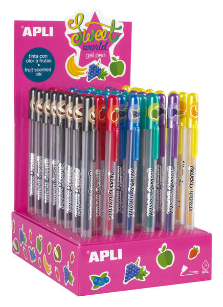 Apli Sweet World Gel Pen Expositor - 48 Boligrafos de Tinta Gel con Aroma a Frutas - 8 Colores Surtidos - 1mm de Grosor de Escritura - Resistentes y de Larga Duracion