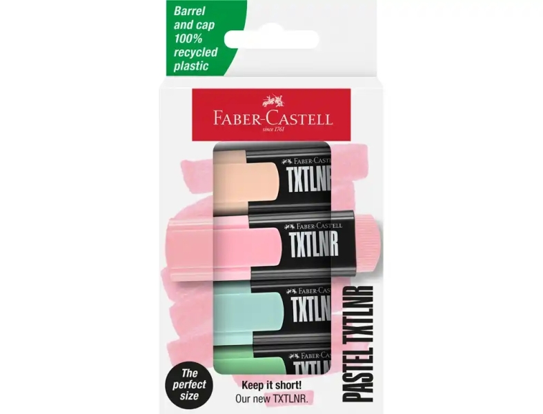 Faber-Castell TXTLNR Pack de 4 Marcadores Fluorescentes - Punta Biselada - Trazo entre 1, 2 y 5 mm - Tinta con Base de Agua - Colores Pastel Surtidos Faber-Castell TXTLNR Pack de 4 Marcadores Fluorescentes - Punta Biselada - Trazo entre 1, 2 y 5 mm - Tinta con Base de Agua - Colores Pastel Surtidos