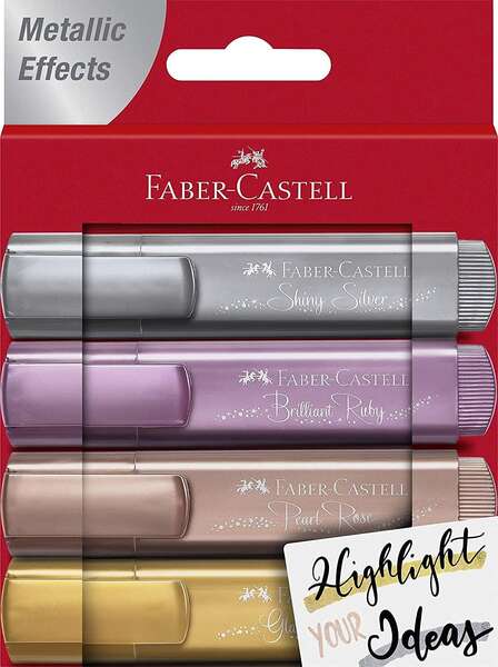 Faber-Castell Textliner 46 Metallic Pack de 4 Marcadores Fluorescentes - Punta Biselada - Trazo entre 1mm y 5mm - Tinta con Base de Agua - Colores Surtidos