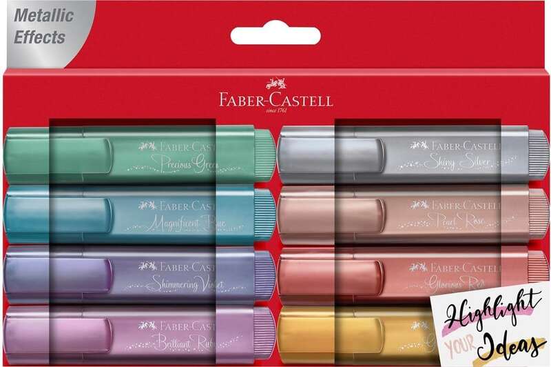 Faber-Castell Textliner 46 Metallic Pack de 8 Marcadores Fluorescentes - Punta Biselada - Trazo entre 1mm y 5mm - Tinta con Base de Agua - Colores Surtidos