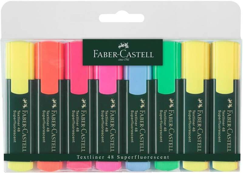 Faber-Castell Textliner 48 Pack de 8 Marcadores Fluorescentes - Punta Biselada - Trazo entre 1.2mm y 5mm - Tinta con Base de Agua - Colores Surtidos
