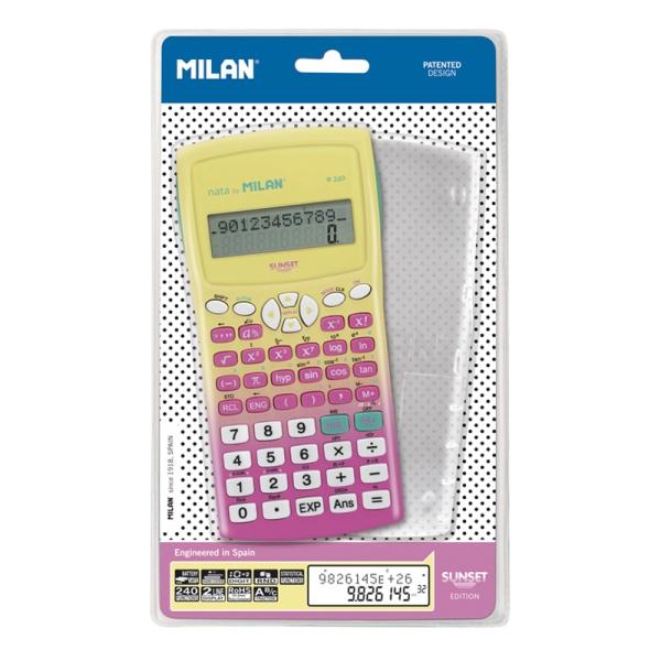 Milan M240 Sunset Calculadora Cientifica 10+2 Digitos - Pantalla de 2 Lineas - 240 Funciones Integradas Incluyendo 124 Cientificas - Carcasa Protectora - Color Rosa/Amarillo Milan M240 Sunset Calculadora Cientifica 10+2 Digitos - Pantalla de 2 Lineas - 240 Funciones Integradas Incluyendo 124 Cientificas - Carcasa Protectora - Color Rosa/Amarillo