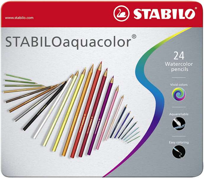 Stabilo Aquacolor Pack de 24 Lapices de Colores - Mina de 2.8mm - Acuarelable - Colores Surtidos