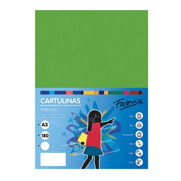 Fabrisa Pack de 25 Cartulinas 180 g/m² - Tamaño A3 - Color Verde Fuerte