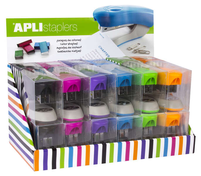 Apli Expositor de Grapadoras Office - Tamaño de Grapas Nº22/6-24/6 - 12 Unidades en Colores Surtidos - Incluye 2000 Grapas por Grapadora