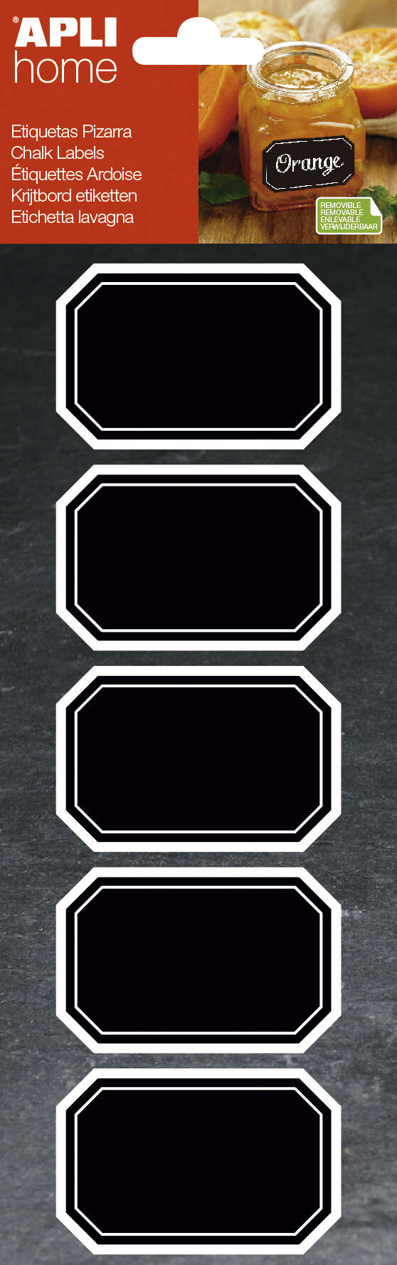 Apli Home Pack de 10 Etiquetas Pizarra Octogonales 65x41mm - Adhesivo Removible - Escritura con Tiza Liquida o Convencional - Borrado con Paño Humedo - Color Negro