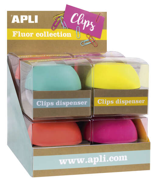Apli Fluor Collection Expositor de Clips - Ø 70x60 mm - 8 Dispensadores en 4 Colores - Tapa Magnetica \"Soft Touch\" - Incluye 50 Clips