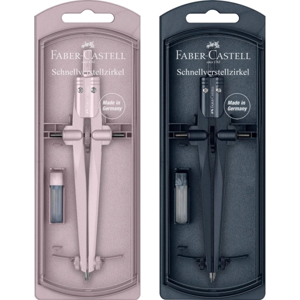 Faber-Castell Stream 2025 Compas Escolar de Ajuste Rapido - Circunferencias de hasta Ø 340mm - Incluye Bote de Minas - Colores Rosa y Azul Marino Aleatorios